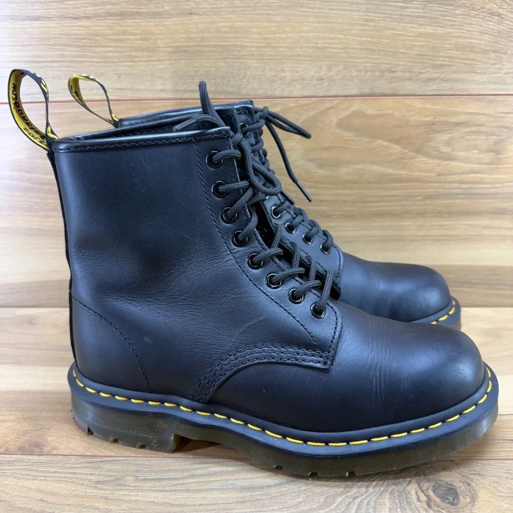 Dr Martens Combat Safety Boots Mens 8 Black Leather Slip Resistant 1460 SR